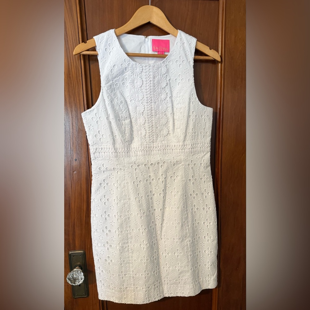 Lilly Pulitzer Railee Resort White Floral Cross Eyelet Lace Shift Dress 6